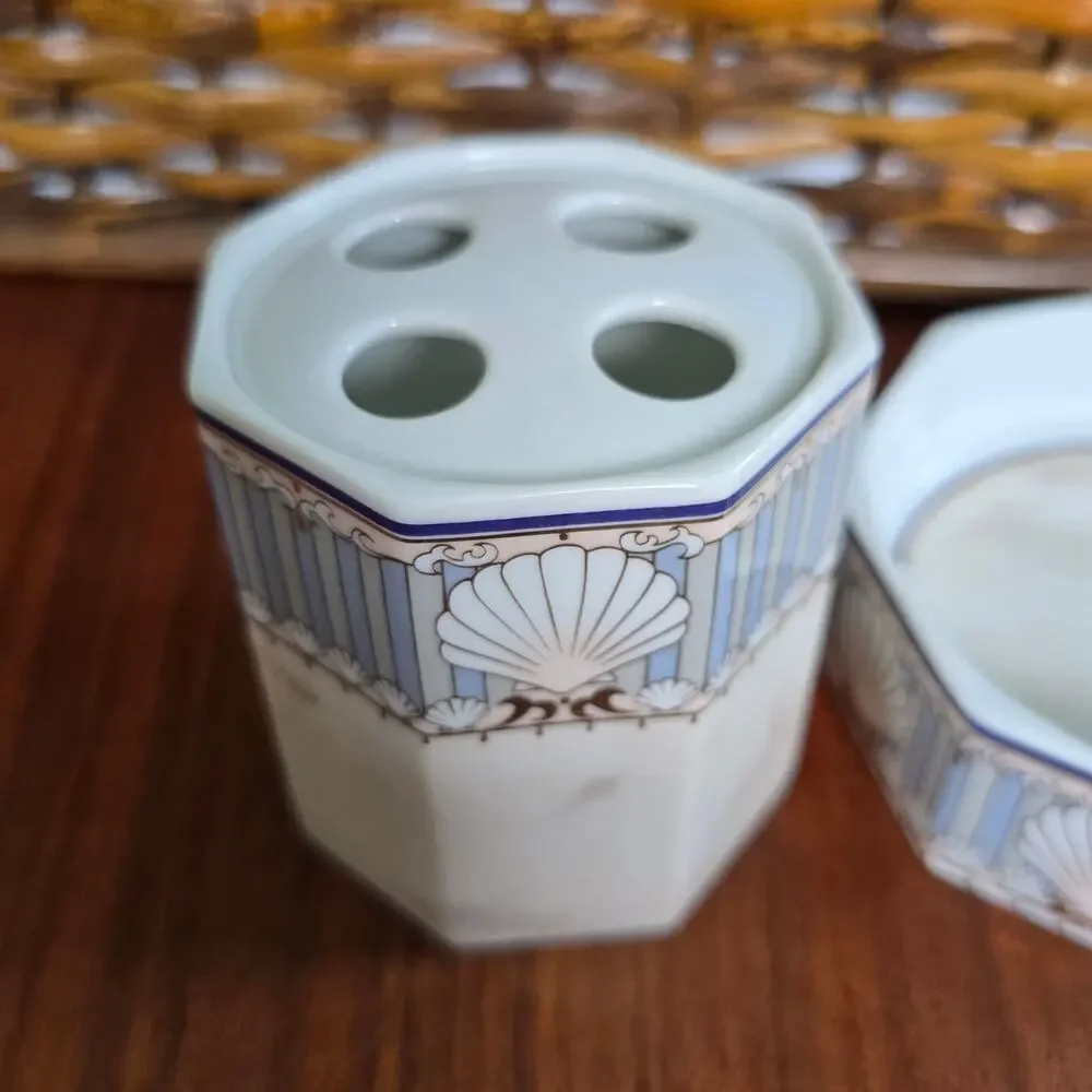 Vintage Andre Richard St Tropez Soap Dish Toothbrush Holder Marble Stripe Shells